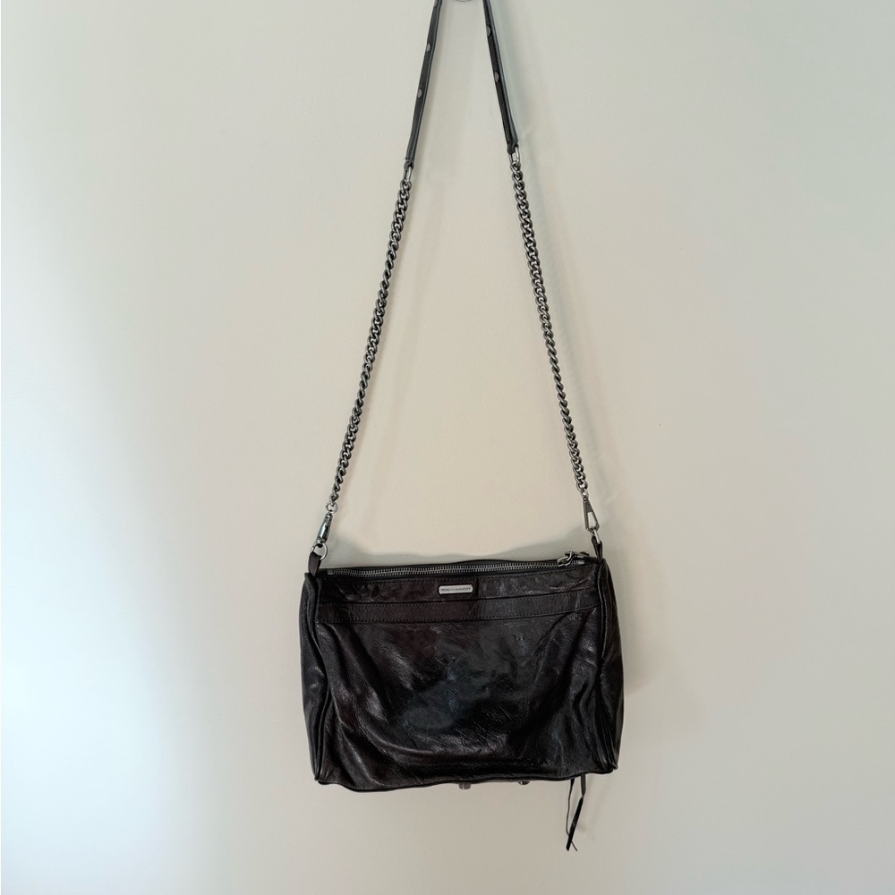 REBECCA MINKOFF Mac Daddy Crossbody Bag Grey Taupe Leather Chain Strap - Picture 13 of 14